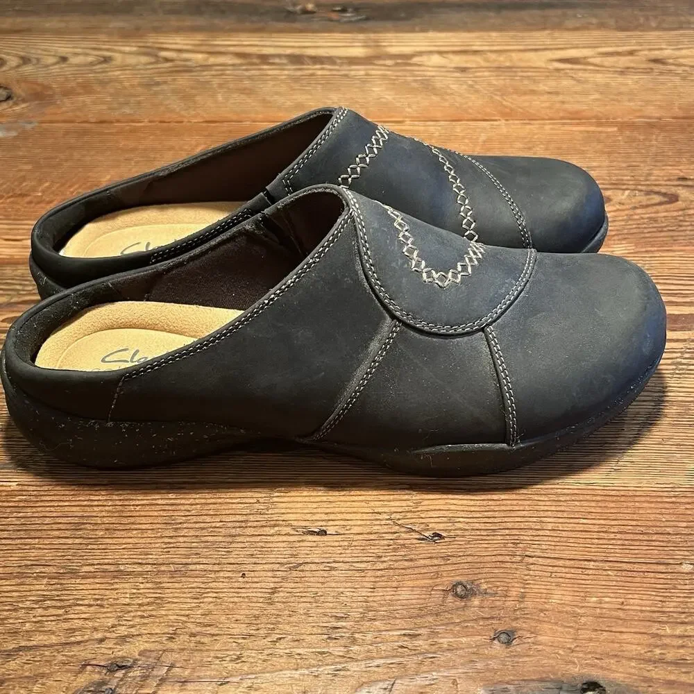 Clarks Roseville Faye Clogs Black Leather Slip On Mules Size 9 Comfort Shoes - Picture 4 of 14